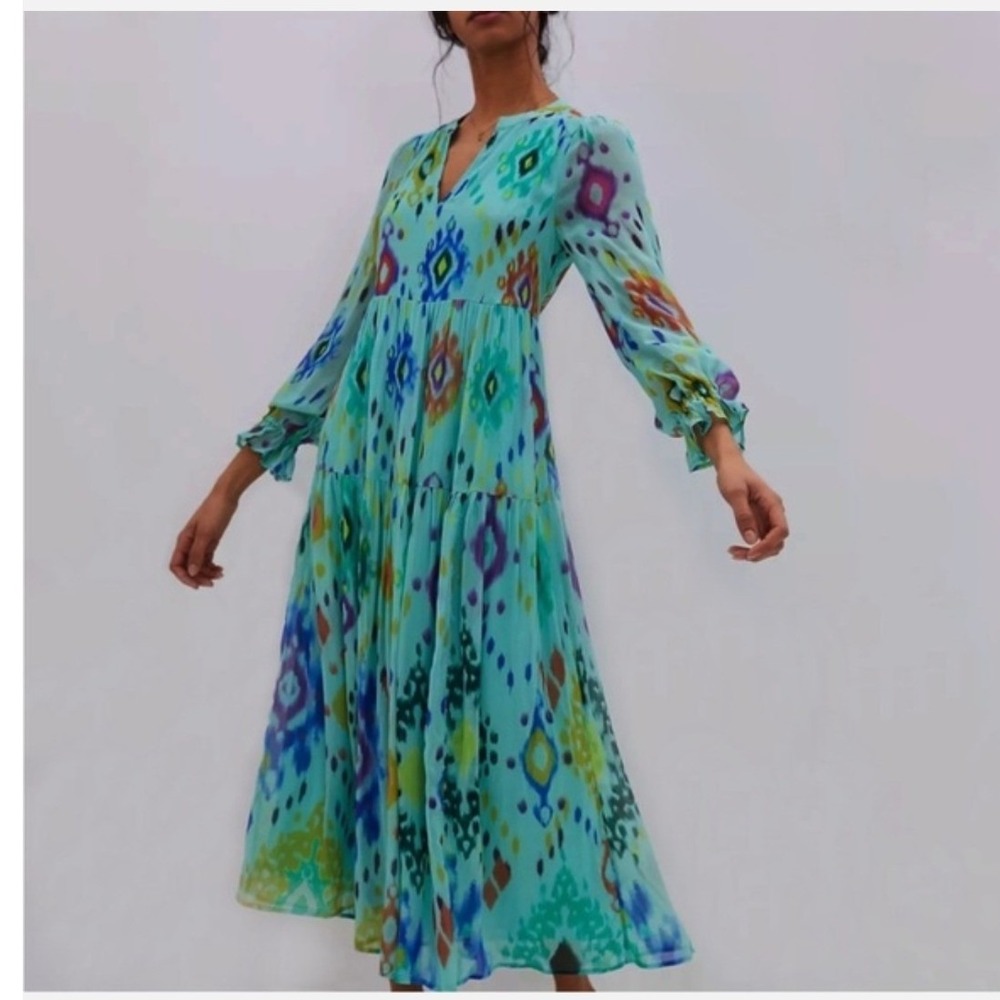 Anthropologie Serenade Tiered Maxi Dress Teal Ikat Print V-Neck Long Sleeve- S